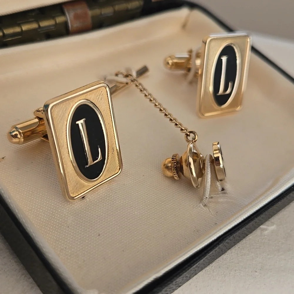L- Initial Monogram Vintage Cuff Links & Tie Pin